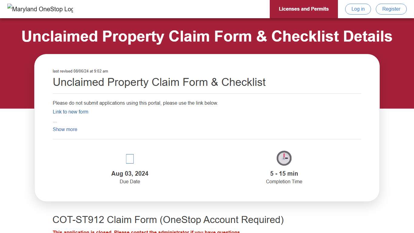 Maryland Unclaimed Property Claim Form Maryland OneStop